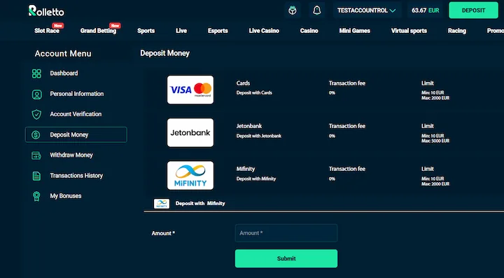rolletto deposit with mifinity rolletto deposit with mifinity