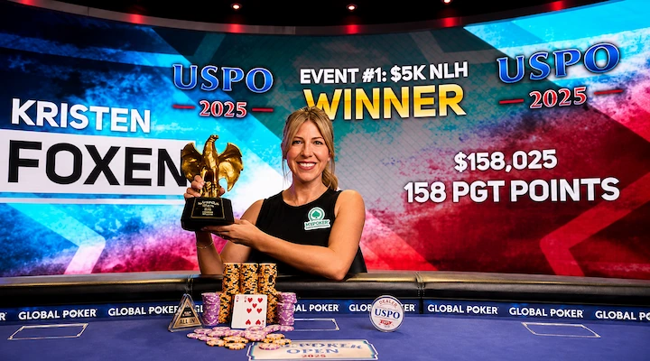 Kristen Foxen Poker Player USPO Winner Kristen Foxen holding the USPO 2025 trophy, the highest earning female poker player of all time with over $15.4 million in career earnings