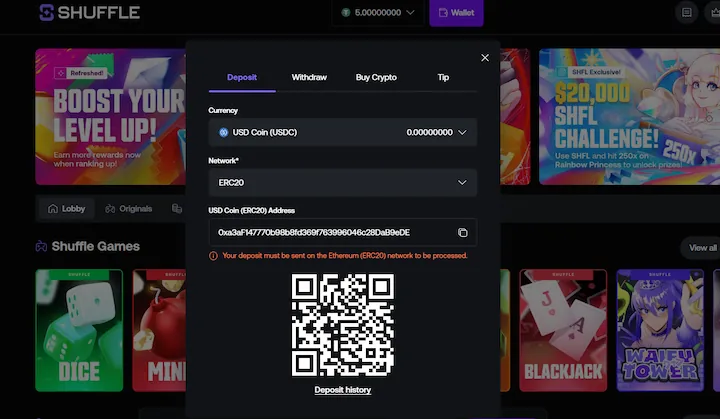 shuffle deposit with USD Coin (USDC) shuffle deposit with USD Coin (USDC)