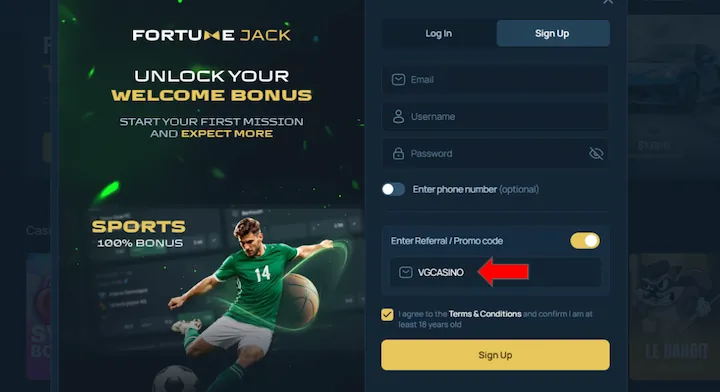 FortuneJack registration form 2026 showing the sign-up fields for email, username, and password with the promo code VGCASINO entered into the referral code field