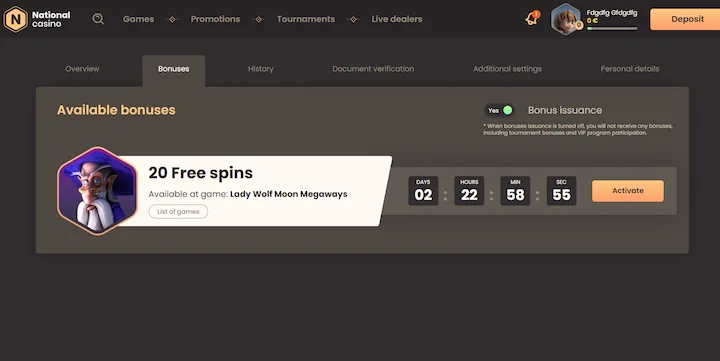 Przewodnik aktywacji bonusu National Casino: Odbiór 20 darmowych spinów na Lady Wolf Moon Megaways