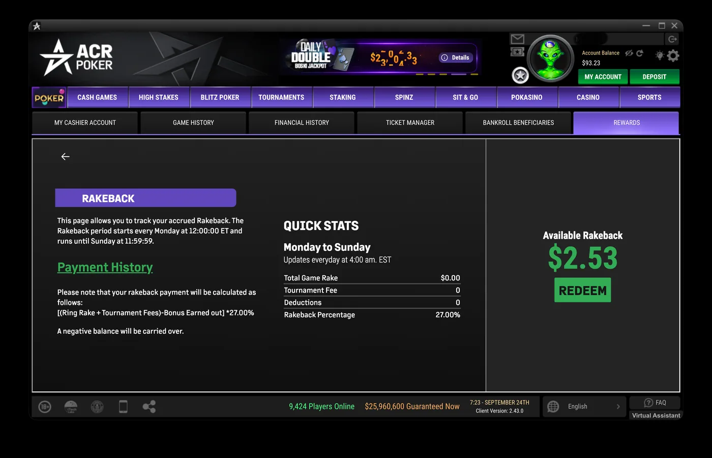ACR Poker rakeback page showing $2.53 available to redeem at a 27.00% rakeback percentage