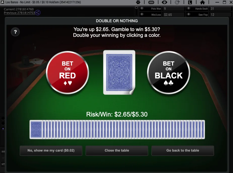 ACR Poker Double or Nothing prompt offering to gamble a $2.65 win on the colour of a card