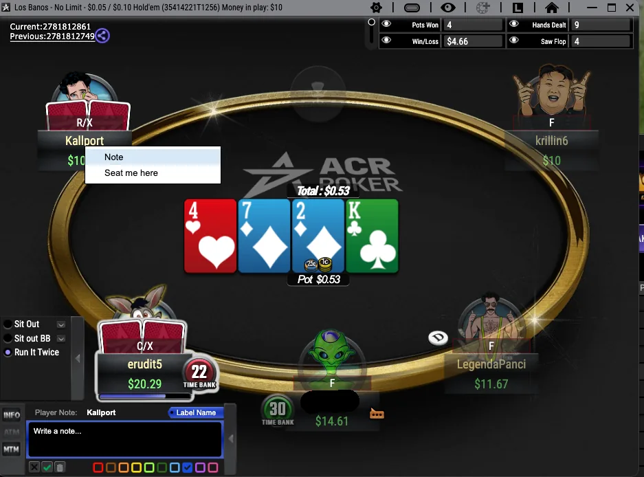 ACR Poker $0.05/$0.10 table with the player note box and colour label options open