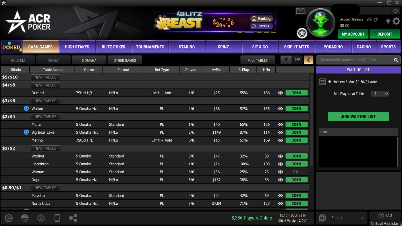 ACR Poker cash lobby showing Seven Card Stud Hi/Lo and 5 Card Omaha Hi/Lo tables running from $0.50/$1 to $4/$8