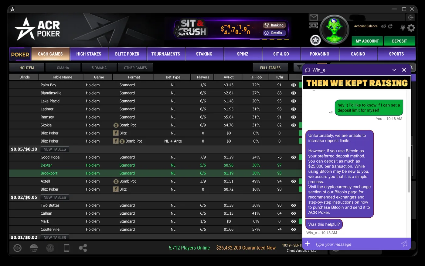 ACR Poker virtual assistant replying to a request to set a deposit limit with advice on depositing up to $25,000 in Bitcoin