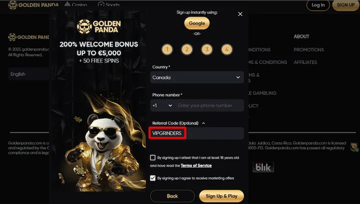 golden panda casino promo code VIPGRINDERS