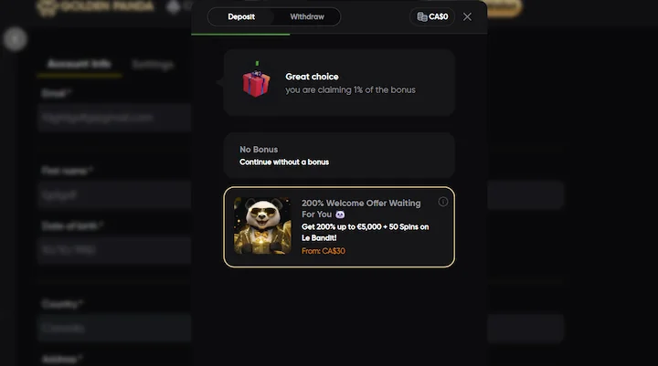 golden panda welcome bonus cashier