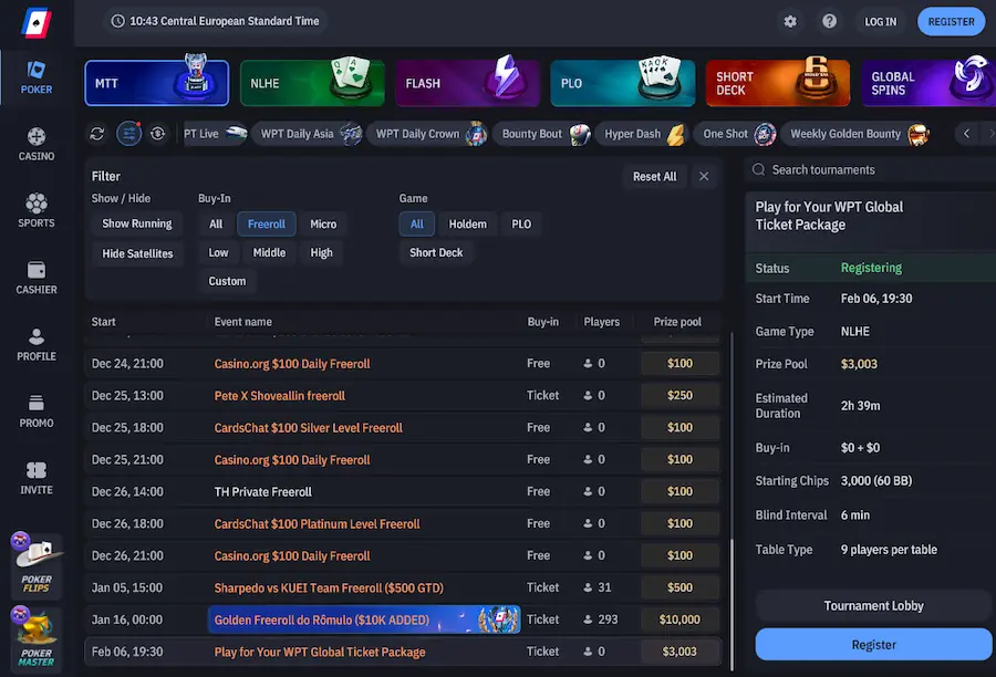 how to find freerolls on WPT Global