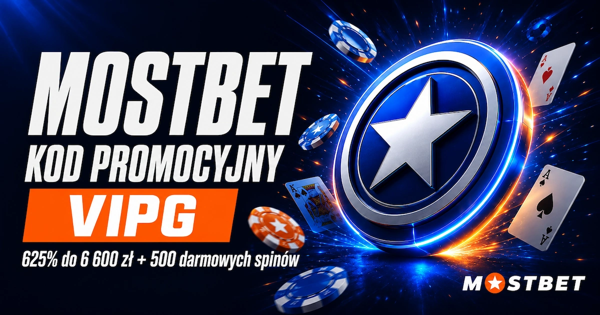 Mostbet kod promocyjny VIPG 625% do 6 600 zł i 500 darmowych spinów Baner kodu promocyjnego Mostbet VIPG: 625% do 6 600 zł i 500 darmowych spinów z niebieską monetą z gwiazdą, żetonami kasyna i kartami