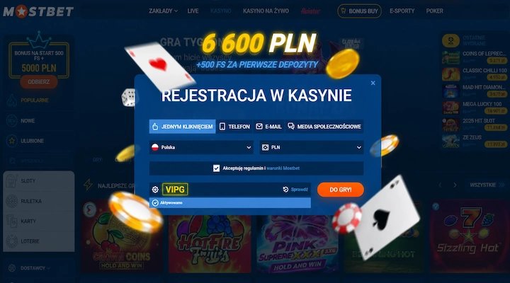 Rejestracja Mostbet z kodem promocyjnym VIPG (Aktywowano) Okno rejestracji w kasynie Mostbet z wybraną Polską i walutą PLN oraz kodem promocyjnym VIPG ze statusem Aktywowano