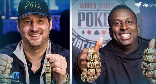 Phill Hellmuth holding all of his 17 WSOP Bracelets next to Maurice Hawks holding his 22 WSOP Circuit Rings