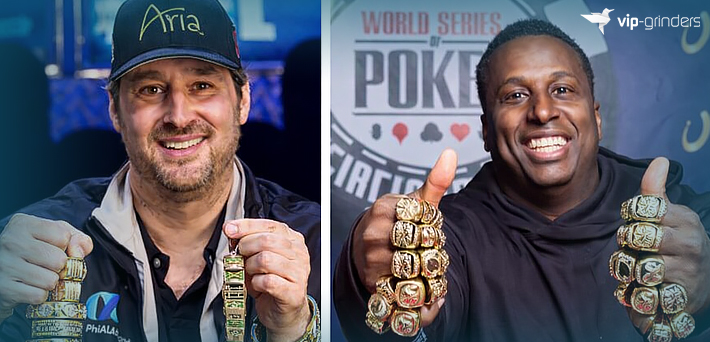 Phill Hellmuth holding all of his 17 WSOP Bracelets next to Maurice Hawks holding his 22 WSOP Circuit Rings