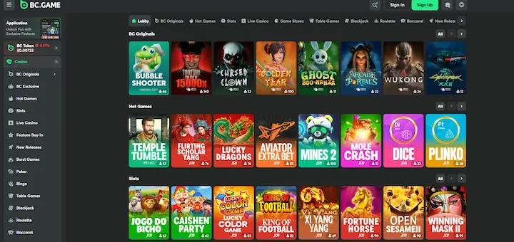 BC.Game casino lobby 2026 featuring Hot Games like Dice, Plinko, and Mole Crash alongside BC Originals