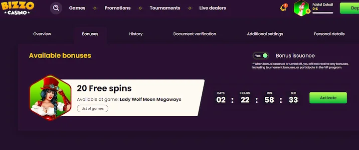 Bizzo Casino: come attivare i 20 free spins senza deposito su Lady Wolf Moon Megaways dalla sezione Bonus Disponibili della dashboard