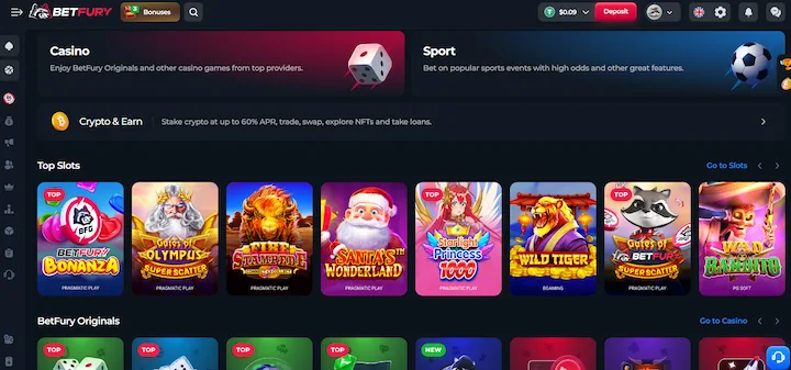 Lobby kasyna krypto BetFury z sekcją Top Slots, BetFury Originals i opcją Crypto & Earn ze stakingiem do 60% APR