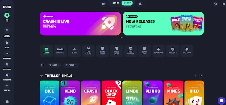 Lobby kasyna kryptowalutowego Thrill z grami Thrill Originals (Dice, Keno, Crash, Plinko, Mines) i minimalistycznym interfejsem