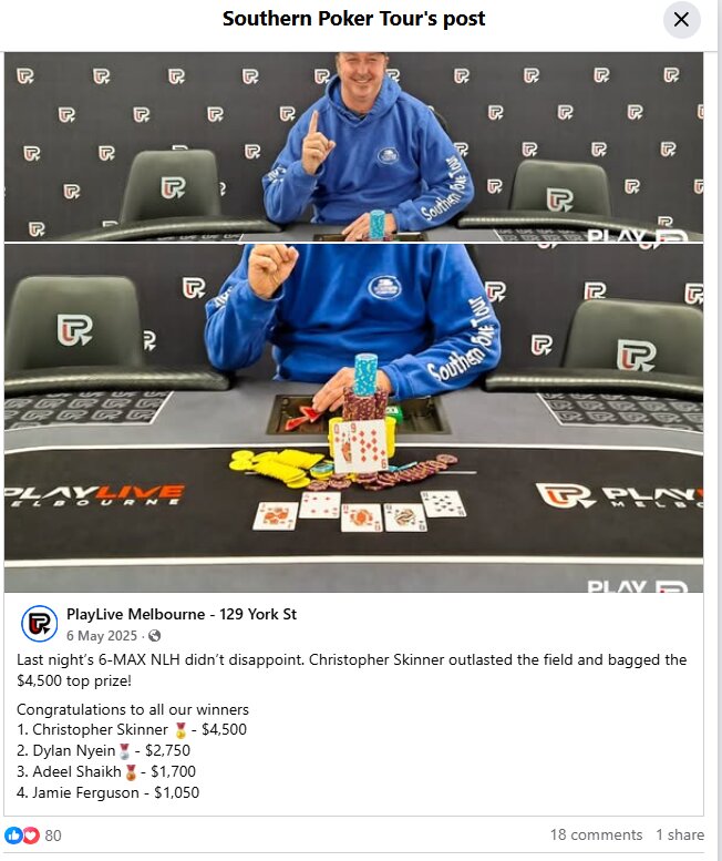 FB post showing Chris Skinner winning