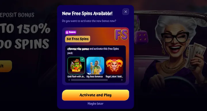 Bonus senza deposito SpinGranny con 50 giri gratis