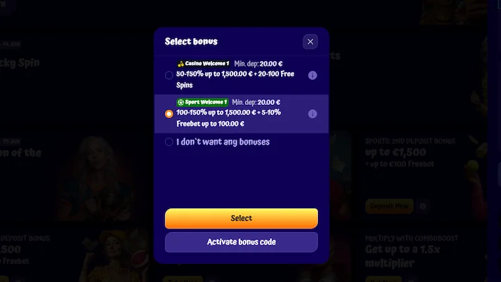 Bonus di benvenuto sport SpinGranny