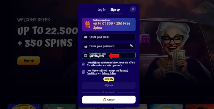 Codice promozionale SpinGranny VIPGRANNY durante la registrazione