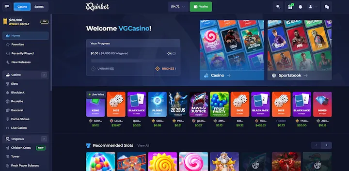 Strona główna kasyna krypto Rainbet z panelem postępu VIP, grami Rainbet Originals i sekcją Live Wins