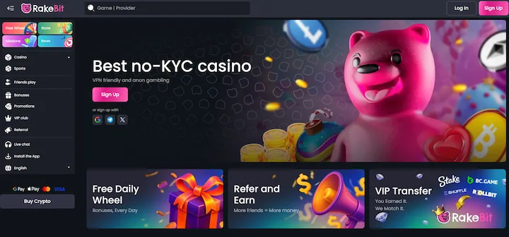 Strona główna kasyna krypto Rakebit z opcją gry bez KYC, transferem VIP z innych kasyn i codziennym kołem bonusowym