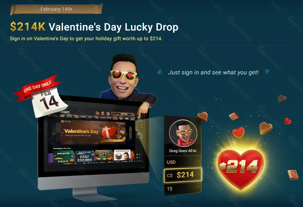 GGPoker February giveaway Valentine's Day lucky drop - up to C$214 cash rewards login bonus