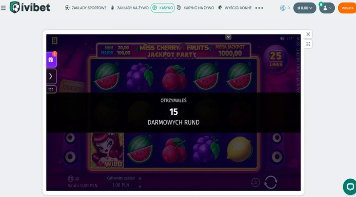 Ivibet 15 darmowych rund na Miss Cherry Fruits Slot Miss Cherry Fruits Jackpot party w Ivibet z komunikatem o 15 darmowych rundach, przy saldzie 0,00 PLN