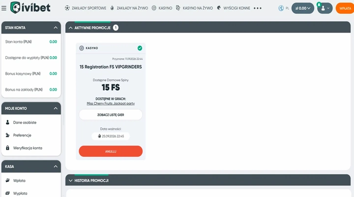 Ivibet 15 darmowych spinów po aktywacji Karta 15 Registration FS VIPGRINDERS po aktywacji, z datą ważności 25.09.2026 i czerwonym przyciskiem Anuluj