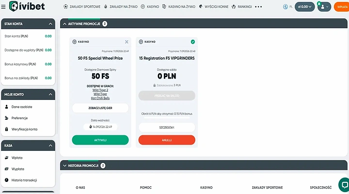 Ivibet dwie promocje bez depozytu na jednym koncie Sekcja Aktywne Promocje w Ivibet z kartami 50 FS Special Wheel Prize na Wild Tiger 2, Wild Tiger i Hot Chilli Bells oraz 15 Registration FS VIPGRINDERS z zablokowanymi 3 zł, przy saldzie 0,00 PLN