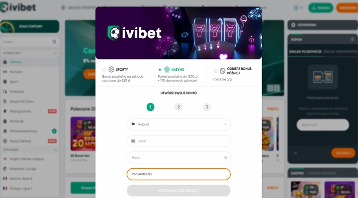 Ivibet formularz rejestracji z kodem VIPGRINDERS Pierwszy krok rejestracji w Ivibet z kartami Sporty, Kasyno i Odbierz bonus później, krajem Poland i kodem VIPGRINDERS w polu kodu promocyjnego