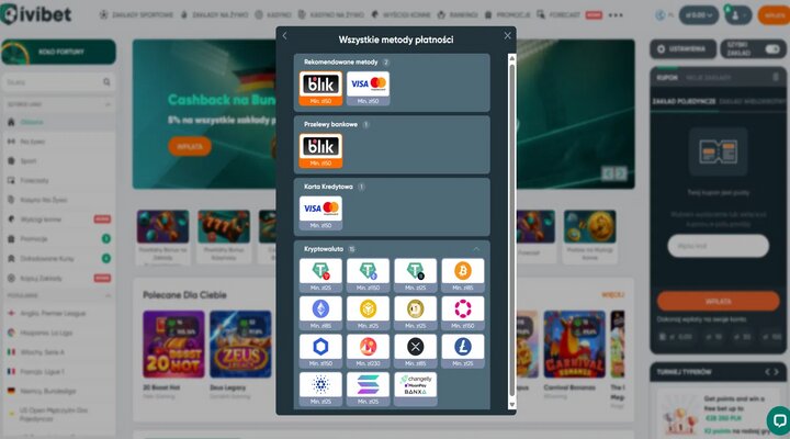 Ivibet metody płatności w złotówkach Kasjer Ivibet po polsku z sekcjami Przelewy bankowe, Karta Kredytowa i Kryptowaluta, z minimalnymi wpłatami od 25 zł do 230 zł