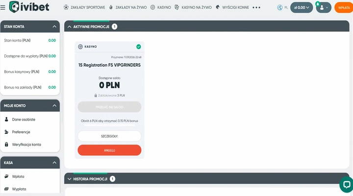 Ivibet wygrana z darmowych spinów zablokowana Karta bonusu w Ivibet z dostępnym saldem 0 PLN, zablokowanymi 3 PLN, wyszarzonym przyciskiem Przelać na saldo i linią Obrót 6 PLN aby otrzymać 0.15 PLN bonus