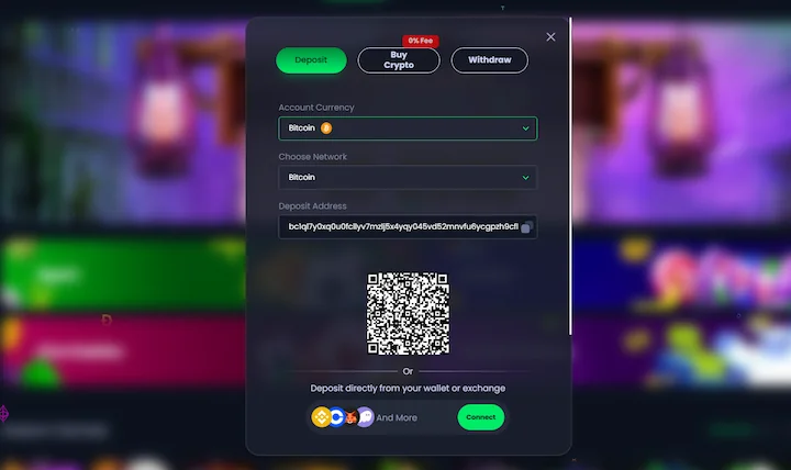 Okno wpłaty Bitcoin w kasynie Jackbit z wyborem sieci Bitcoin, adresem Segwit, kodem QR i opcją połączenia portfela lub giełdy