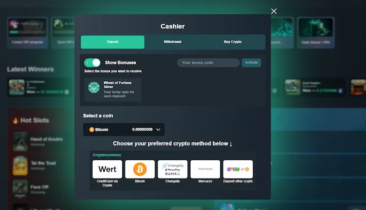 Panel kasjerski Vave z wyborem Bitcoina jako metody wpłaty, polem na kod bonusowy, opcjami Wert, Changelly i Mercuryo do zakupu BTC