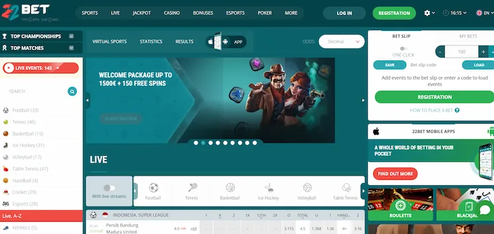 22Bet spletna stran s športnimi stavami v živo, casino bonus paketom in mobilno aplikacijo