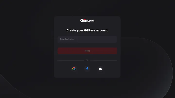 GGPass account creation screen showing the email address field and social login options for Google, Facebook, and Apple.