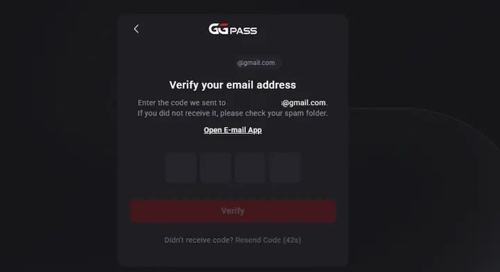 GGPoker GGPass email verification screen with four boxes for the security code and a red 'Verify' button.