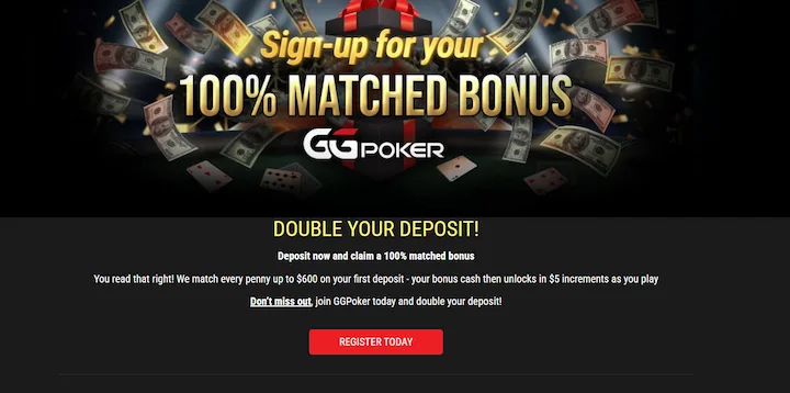 GGPoker sign-up page showing a 100% matched bonus offer and a large red 'Register Today' button.