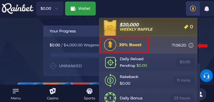 Rainbet 20% boost rakeback odliczanie pierwszych 72 godzin