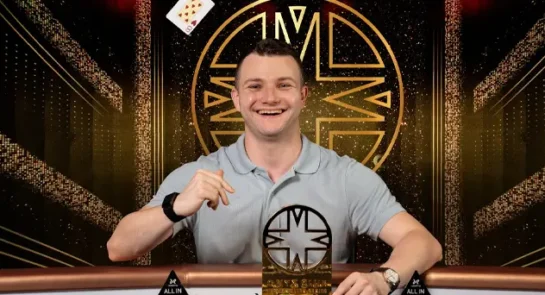Alex Kulev holds the trophy after winning the $10,000 Onyx High Roller Series opener at Merit Royal Diamond Casino Cyprus for $384,150 in February 2026