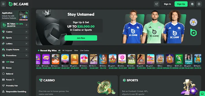 BC.Game kripto casino domača stran z bonus ponudbo, kategorijami iger in nedavnimi dobitki