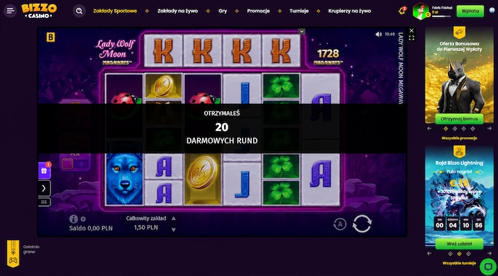 Bizzo Casino 20 darmowych rund Lady Wolf Moon Megaways Gra Lady Wolf Moon Megaways w Bizzo Casino z komunikatem Otrzymałeś 20 darmowych rund na bębnach i saldem 0,00 PLN w dolnym pasku