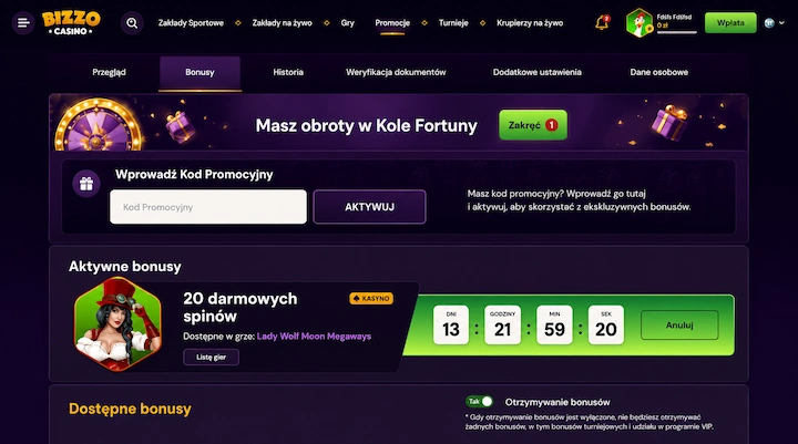 Bizzo Casino aktywny bonus odliczanie 14 dni Sekcja Aktywne bonusy w Bizzo Casino z kartą 20 darmowych spinów, odliczaniem 13 dni 21 godzin 59 minut i przyciskiem Anuluj