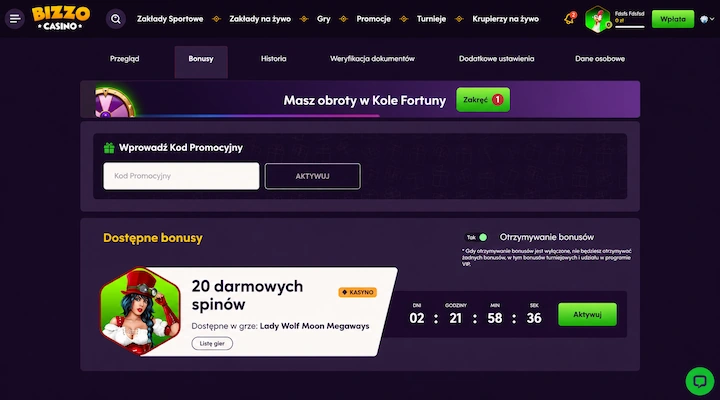 Bizzo Casino bonus bez depozytu 20 darmowych spinów zerowe saldo Strona Dostępne bonusy w Bizzo Casino z kartą 20 darmowych spinów w grze Lady Wolf Moon Megaways, odliczaniem 2 dni 21 godzin i przyciskiem Aktywuj, nad banerem Koła Fortuny, na koncie z saldem 0 zł