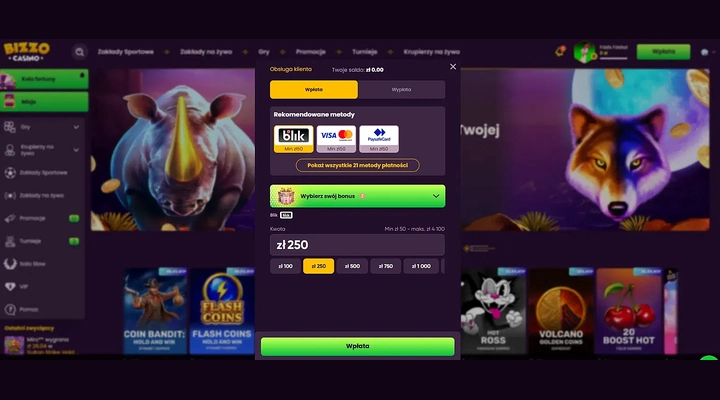 Bizzo Casino kasa Wybierz swój bonus zwinięty Okno wpłaty w Bizzo Casino przy zerowym saldzie z Blik, kartą i PaysafeCard od 50 zł, przyciskiem Pokaż wszystkie 21 metody płatności i zwiniętym panelem Wybierz swój bonus z odznaką numer 2, nad polem z kwotą 250 zł