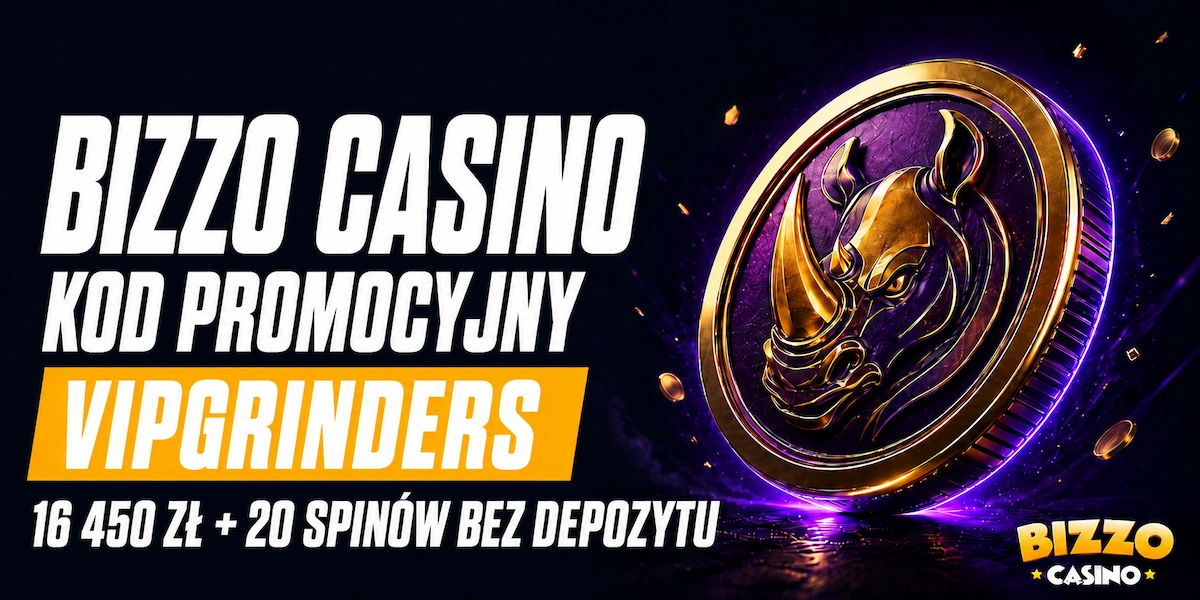 Bizzo Casino kod promocyjny VIPGRINDERS Baner z kodem promocyjnym Bizzo Casino VIPGRINDERS oferujący 16 450 zł i 20 spinów bez depozytu, obok złotej monety z nosorożcem i logo Bizzo Casino