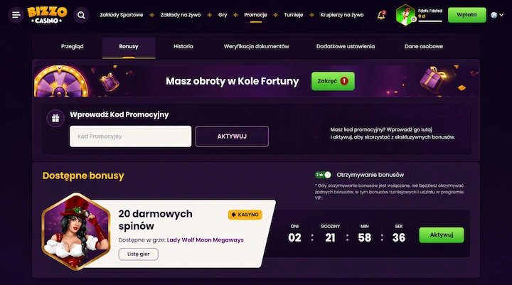 Bizzo Casino Koło Fortuny brązowe koło Okno Koło Fortuny w Bizzo Casino z wybraną zakładką Brąz i jednym pozostałym zakręceniem, segmentami na 5, 50, 100 i 300 darmowych spinów, 100, 200 i 500 RP oraz wygraną 10 000 euro, obok zakładek Srebro i Złoto
