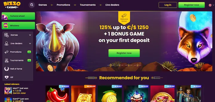 Bizzo Casino domača stran s pozdravnim bonusom 125% do €1.250 in priporočenimi igrami z RTP prikazom